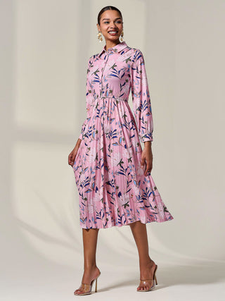 Pleated Button Up Midi Dress, Pink Floral
