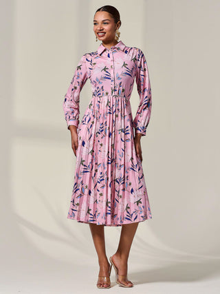 Pleated Button Up Midi Dress, Pink Floral