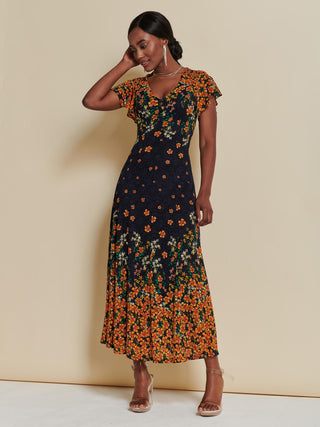 Lace Floral Print Fit & Flare Maxi Dress, Orange Multi