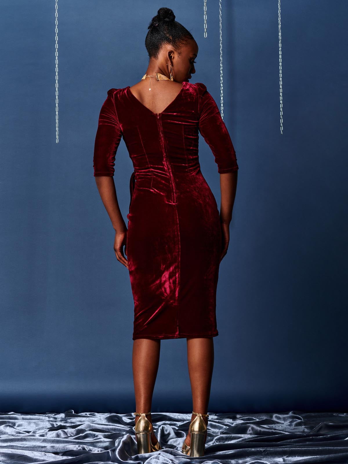 Velvet Tie Detail BodyCon Dress, Burgundy