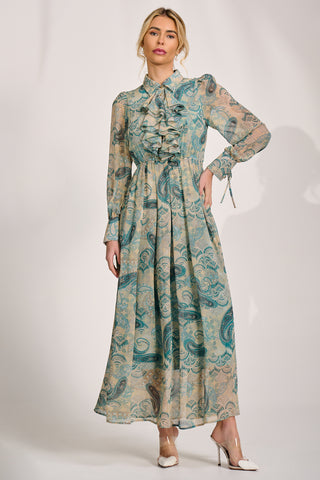 Long Sleeve Ruffle Chiffon Shirt Maxi Dress, Teal Paisley