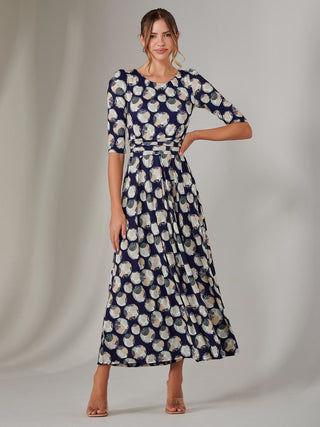 Enya 3/4 Sleeve Jersey Midaxi Dress, Navy Pattern