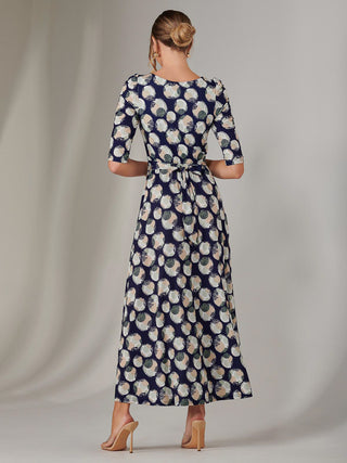 Enya 3/4 Sleeve Jersey Midaxi Dress, Navy Pattern