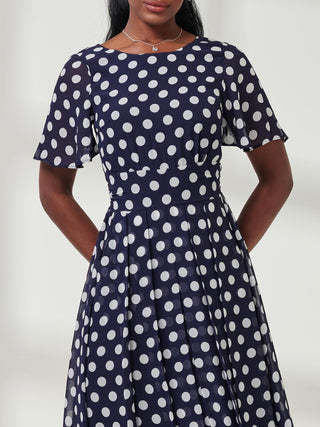 Spotted Chiffon Fit & Flare Midi Dress, Navy Spot