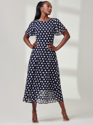 Spotted Chiffon Fit & Flare Midi Dress, Navy Spot