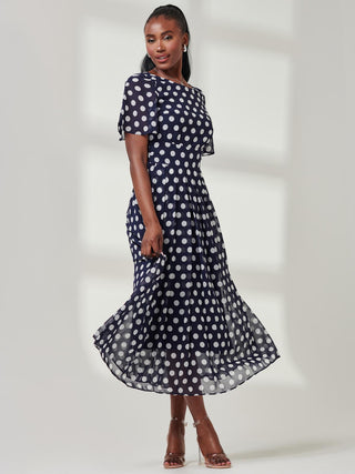 Spotted Chiffon Fit & Flare Midi Dress, Navy Spot