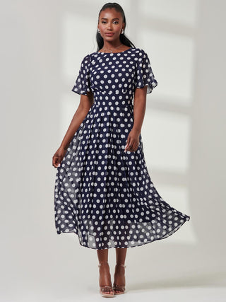 Spotted Chiffon Fit & Flare Midi Dress, Navy Spot