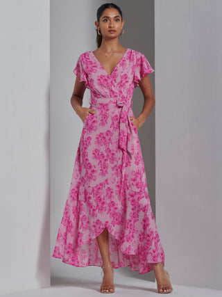 Haylie Frill Chiffon Maxi Dress, Pink Floral
