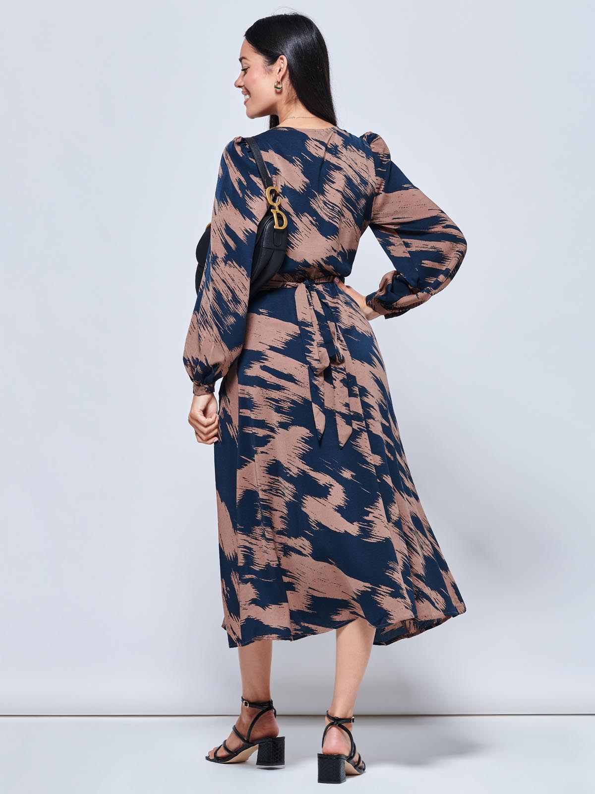 Abstract Print Sleeved Wrap Midi Dress, Abstract Multi