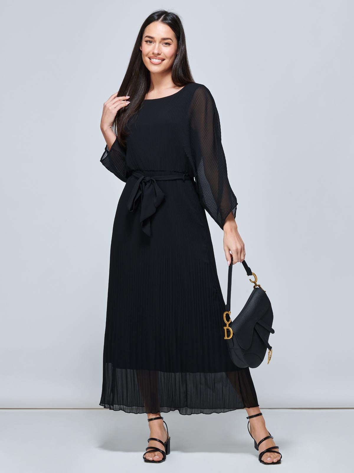 Lilyana Chiffon Pleated Maxi Dress, Black
