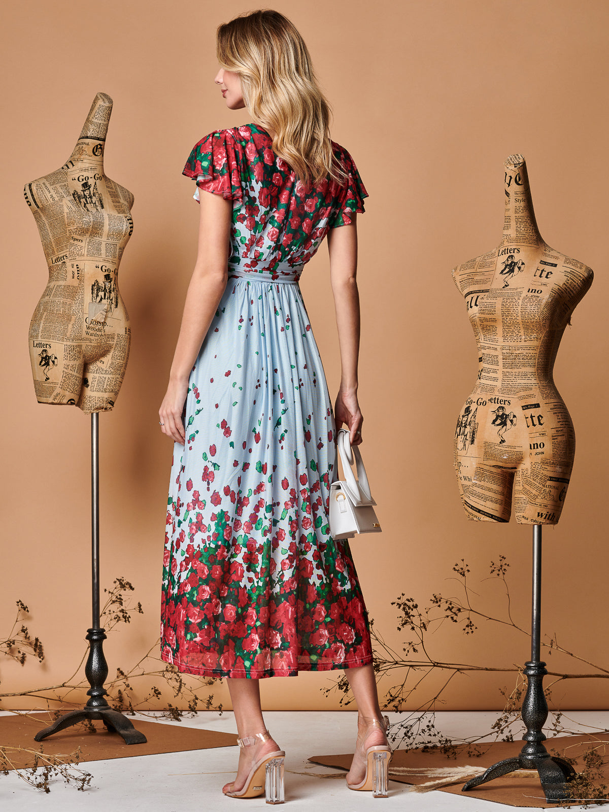 Symmetrical Floral Print Mesh Maxi Dress, Blue Multi