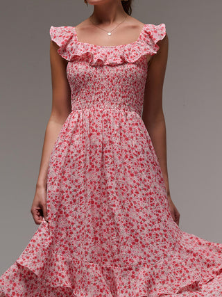 Ruffle Shirred Woven Midi Dress, Red Floral