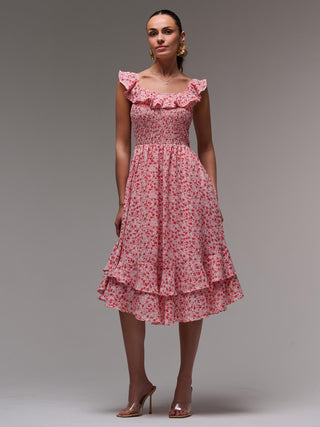 Ruffle Shirred Woven Midi Dress, Red Floral