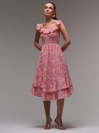 Ruffle Shirred Woven Midi Dress, Red Floral