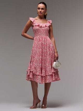 Ruffle Shirred Woven Midi Dress, Red Floral