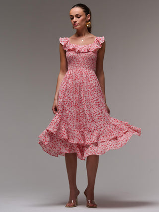 Ruffle Shirred Woven Midi Dress, Red Floral