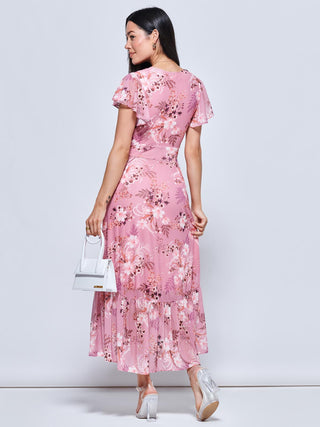 Carleigh Printed Mesh Tiered Maxi Dress, Pink Floral