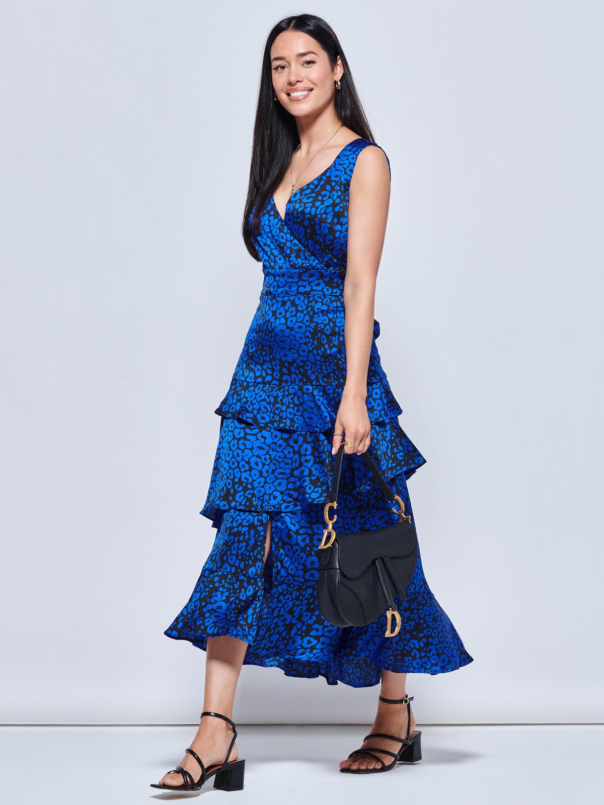 Della Crepe Frill Hem Maxi Dress, Blue Leopard