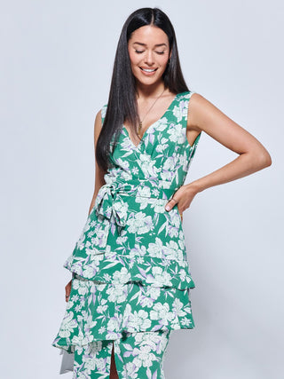 Della Crepe Frill Hem Maxi Dress, Green Floral