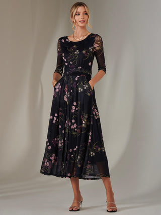 Bella Print 3/4 Sleeve Mesh Maxi Dress, Floral Multi