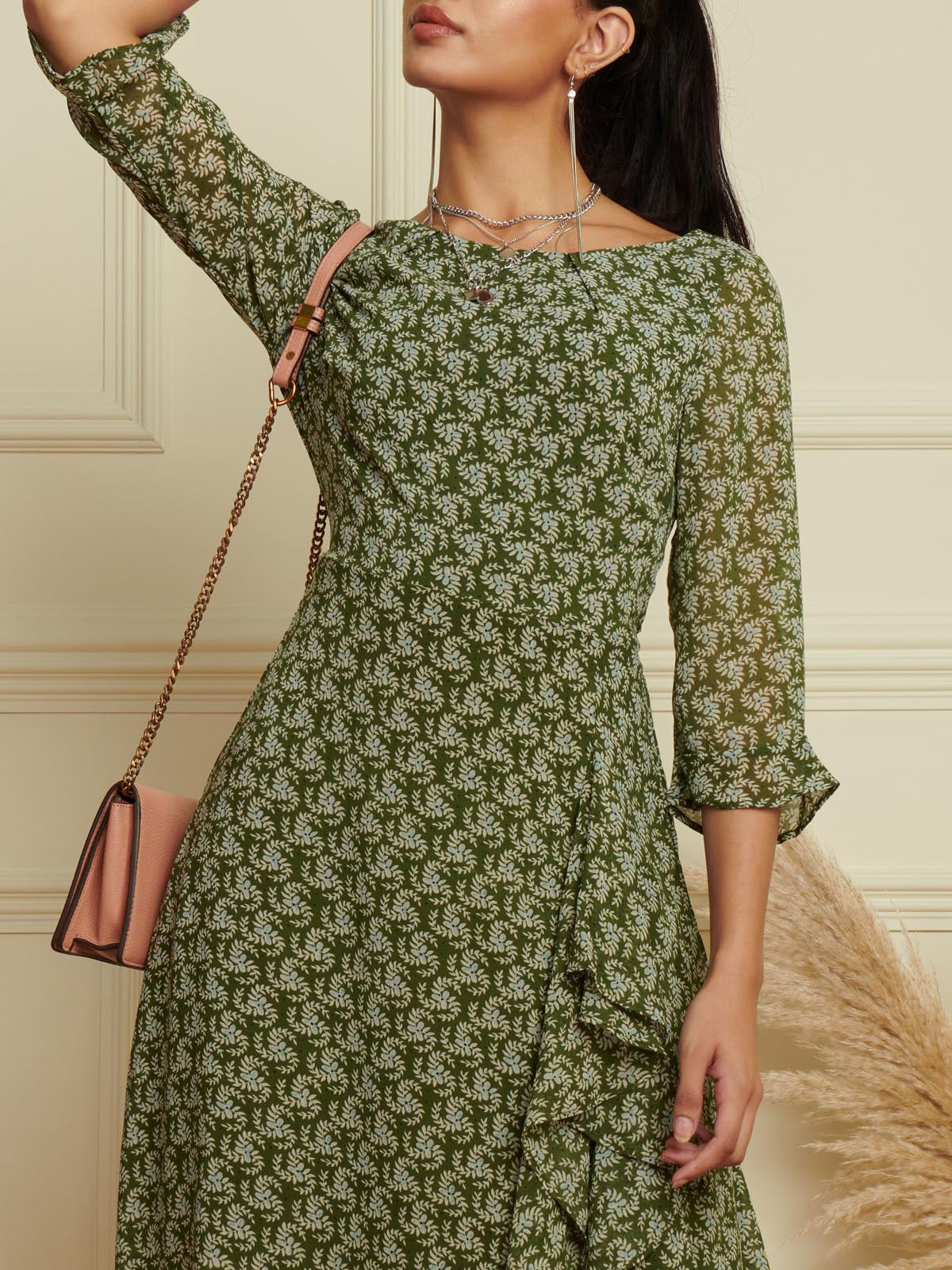 Floral Chiffon Frill Hem Midi dress, Green Multi