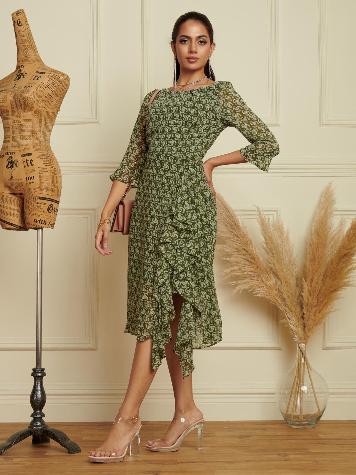 Floral Chiffon Frill Hem Midi dress, Green Multi