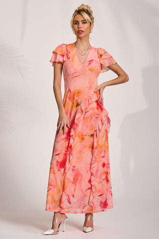 Cap Sleeve Ruffle Mesh Maxi Dress, Orange Abstract
