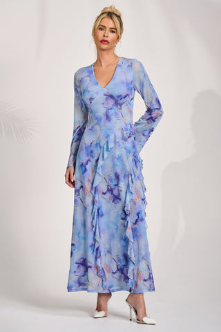 Long Sleeve Ruffle Mesh Maxi Dress, Blue Abstract