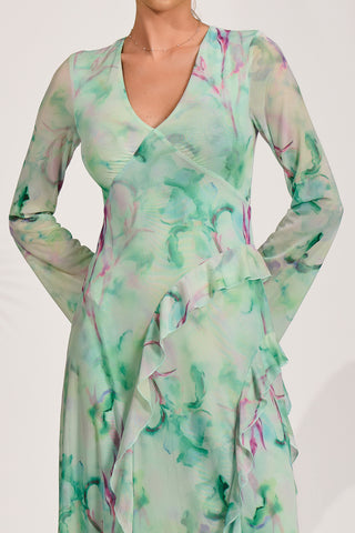 Long Sleeve Ruffle Mesh Maxi Dress, Green Abstract