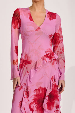 Long Sleeve Ruffle Mesh Maxi Dress, Pink Floral