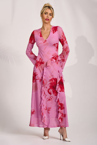 Long Sleeve Ruffle Mesh Maxi Dress, Pink Floral