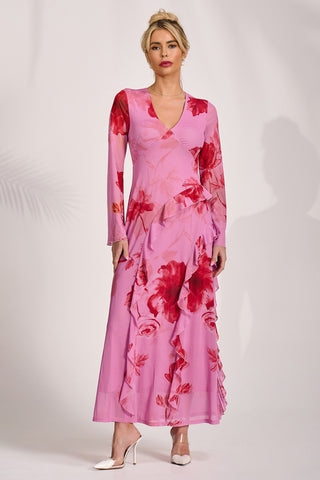 Long Sleeve Ruffle Mesh Maxi Dress, Pink Floral