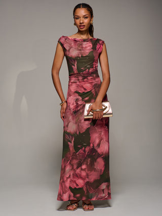 Multiway Neckline Mesh Maxi Dress, Red Abstract