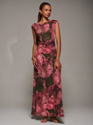 Multiway Neckline Mesh Maxi Dress, Red Abstract
