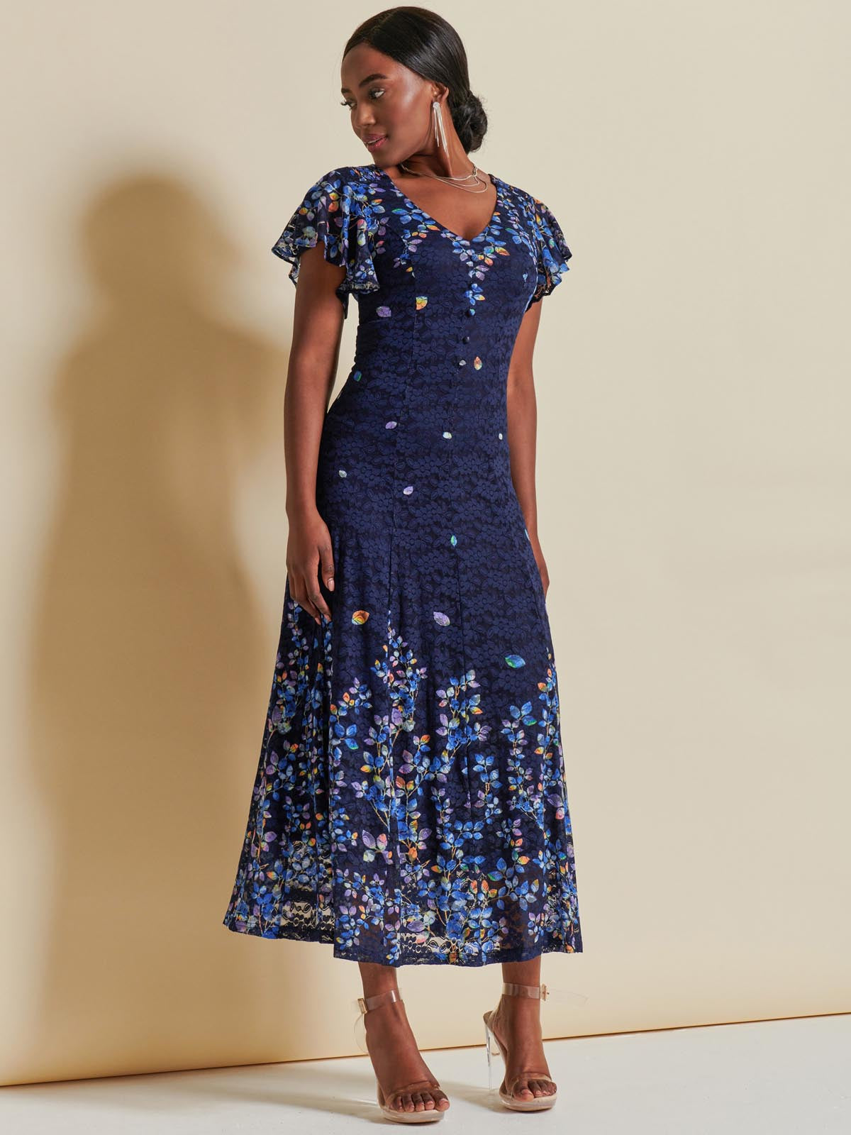 Mirrored Print Lace Maxi Dress, Blue Multi