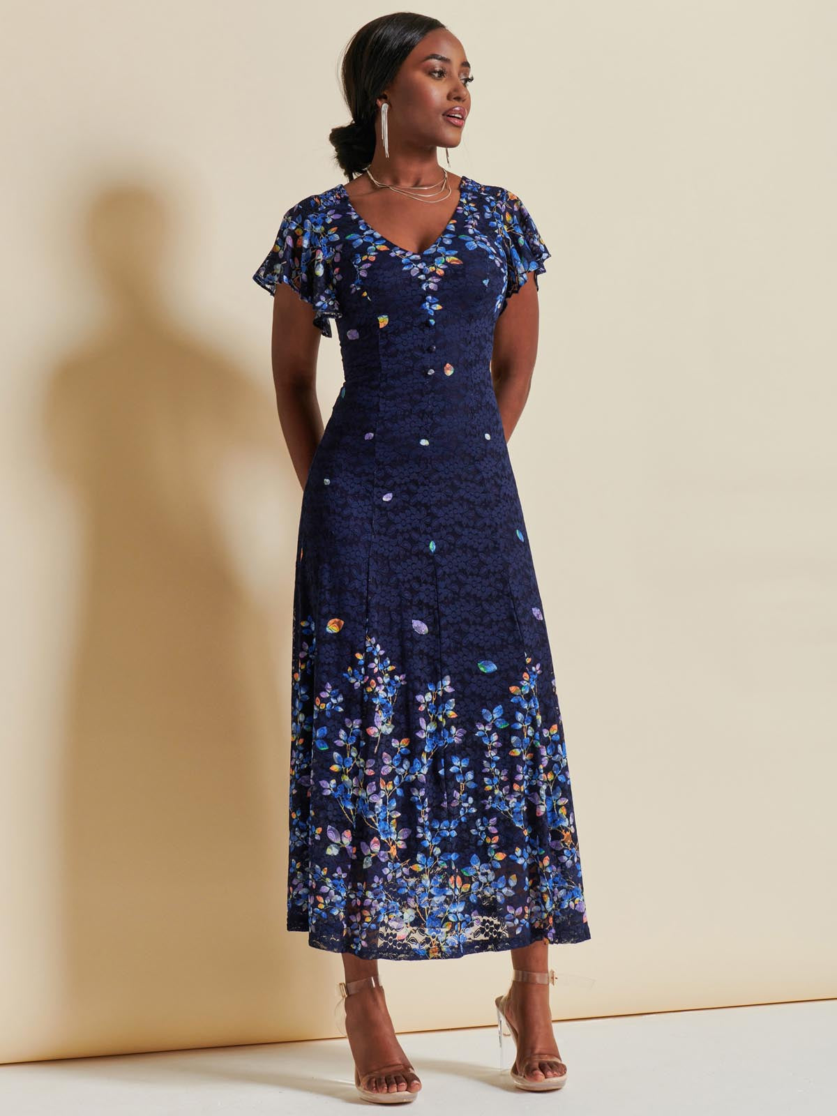 Mirrored Print Lace Maxi Dress, Blue Multi