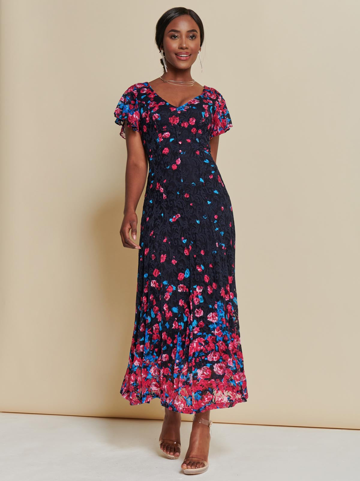 Mirrored Print Lace Maxi Dress, Pink Multi
