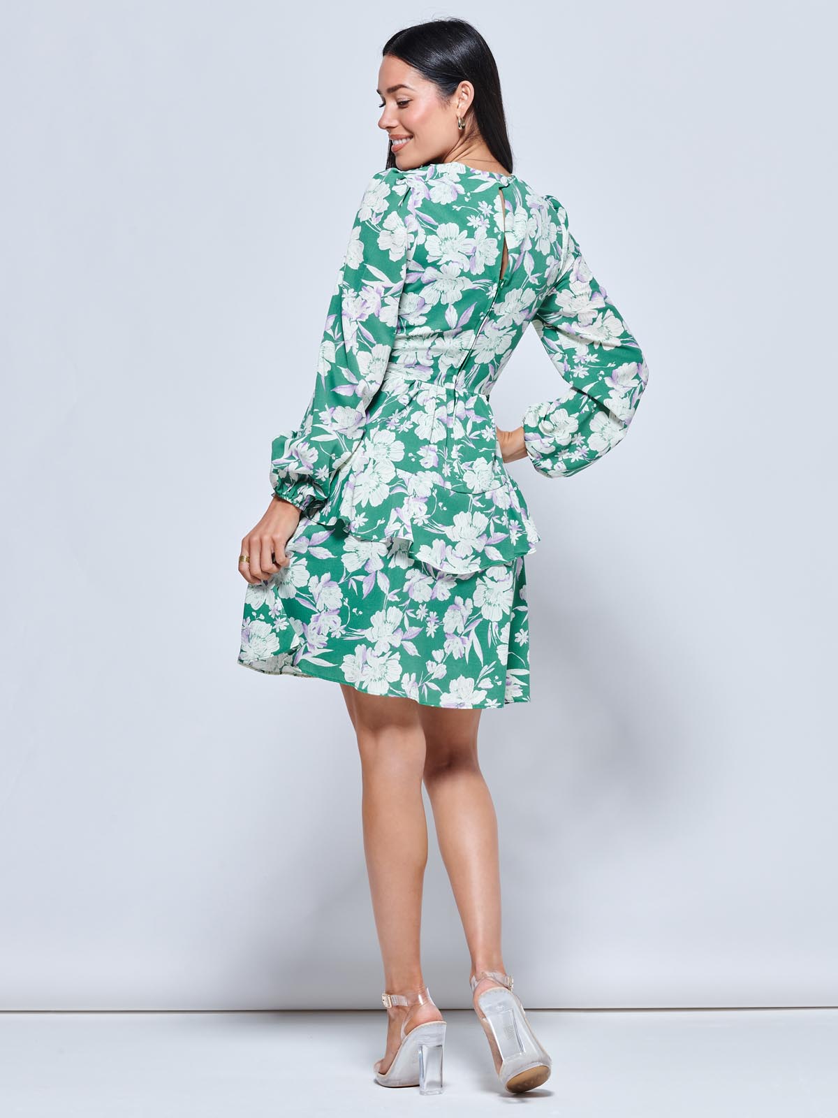 Casey Long Sleeve Tie Front Dress, Green Floral