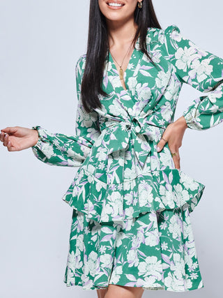 Casey Long Sleeve Tie Front Dress, Green Floral