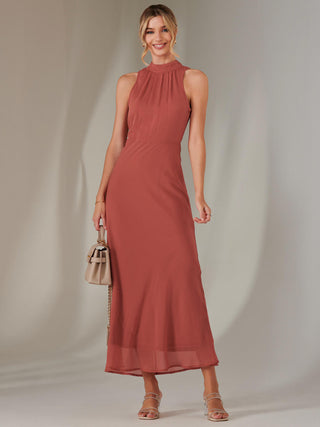 Halter Neck Open Back Chiffon Maxi Dress, Dark Coral