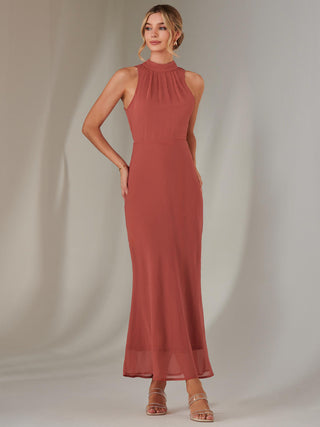 Halter Neck Open Back Chiffon Maxi Dress, Dark Coral