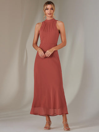 Halter Neck Open Back Chiffon Maxi Dress, Dark Coral