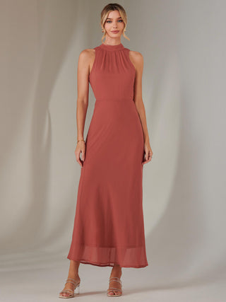 Halter Neck Open Back Chiffon Maxi Dress, Dark Coral