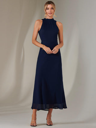 Halter Neck Open Back Chiffon Maxi Dress, Navy