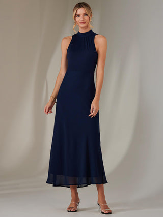 Halter Neck Open Back Chiffon Maxi Dress, Navy