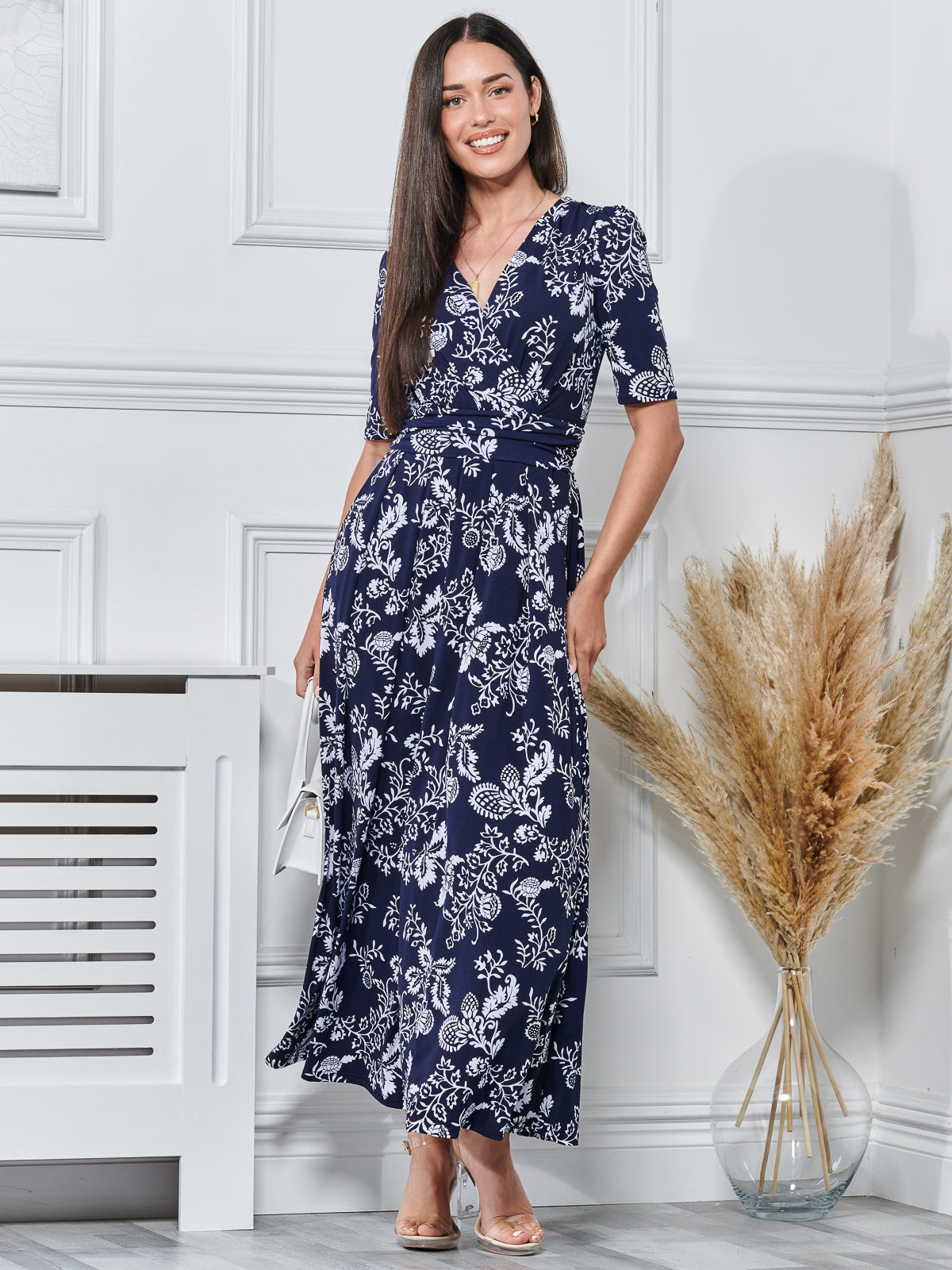 Pleated Jersey Maxi Dress, Navy White Floral