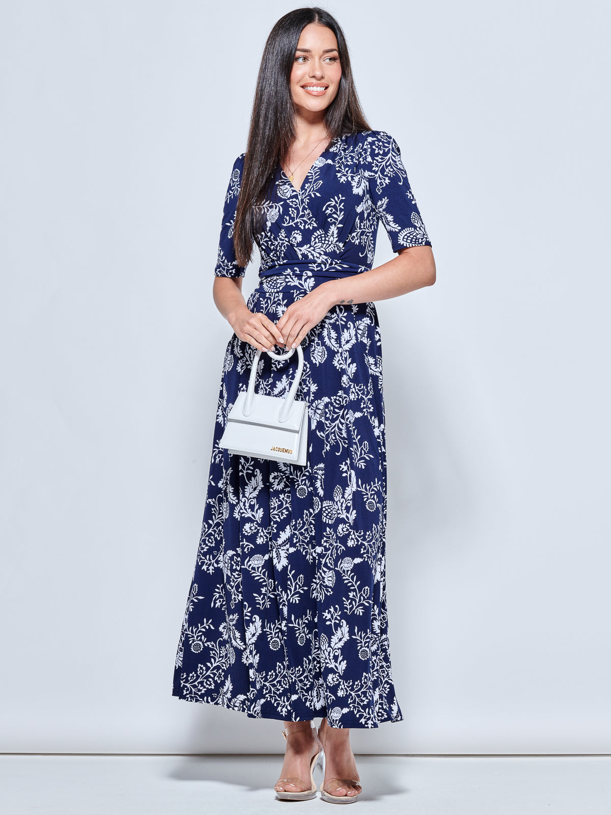 Pleated Jersey Maxi Dress, Navy White Floral