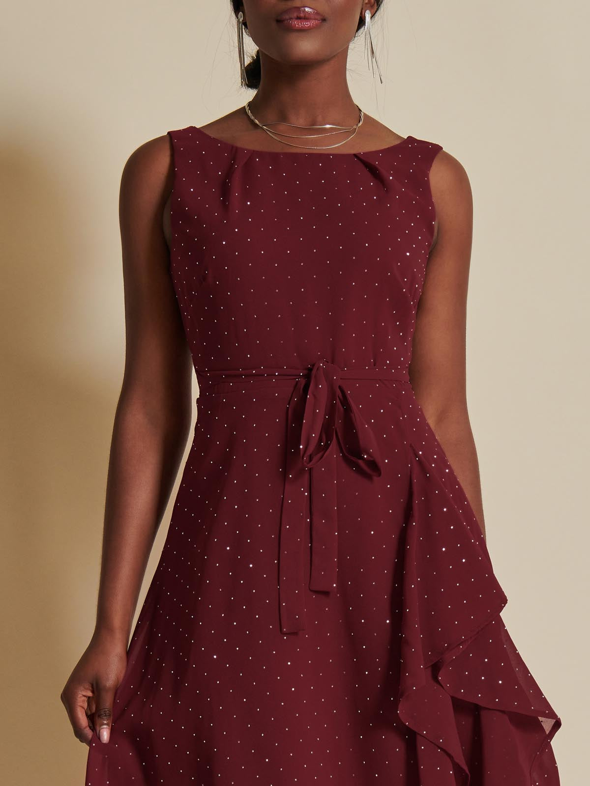 Embellished Frill Hem Chiffon Dress, Burgundy