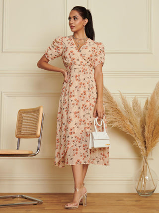 Puff Sleeve Chiffon Wrap Midi Dress, Beige Jolie Moi Wholesale Puff Sleeve Chiffon Wrap Midi Dress, Beige Jolie Moi Wholesale