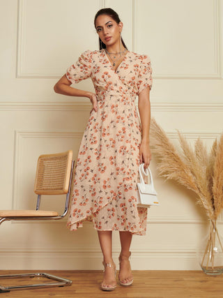 Puff Sleeve Chiffon Wrap Midi Dress, Beige Jolie Moi Wholesale Puff Sleeve Chiffon Wrap Midi Dress, Beige Jolie Moi Wholesale